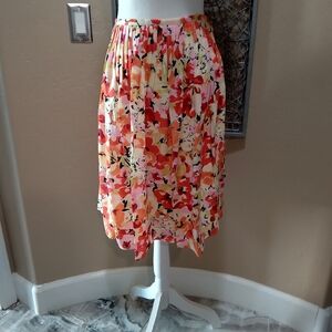 Barrie Pace Silk Floral Pleated Midi Skirt - Red, Pink, Yellow and Orange Print